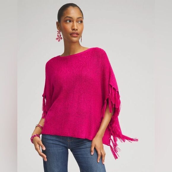 Chico's Hot Pink Tape Yarn Chunky Woven Convertible Poncho - Picture 2 of 13